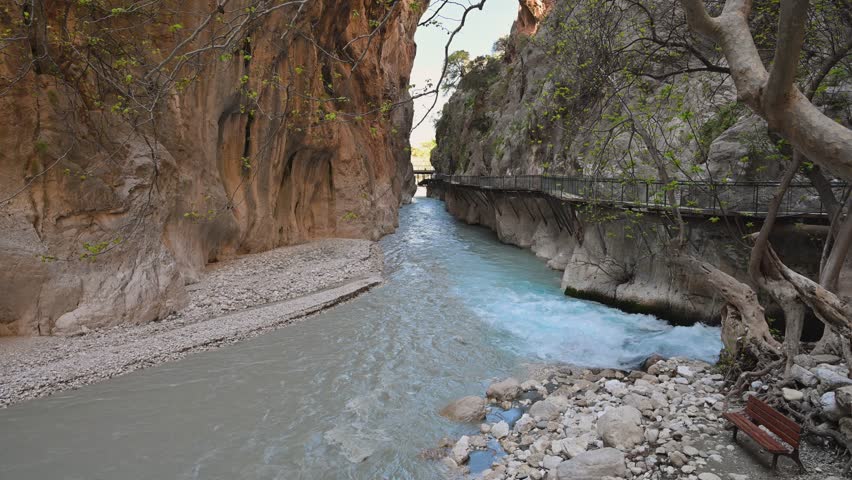 Vertical pan from the rushing river waters up to the blue sky through the impressive rock formations of Saklikent Canyon in Turkey