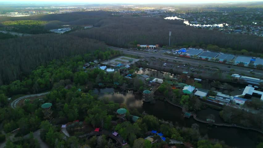 Aerial view of Gatorland Orlando ponds boardwalks and animal habitats