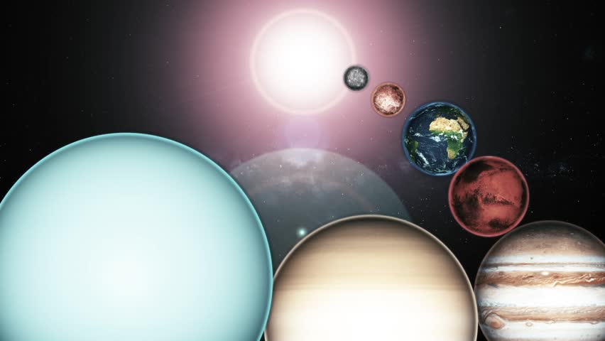 Solar system planets lineup with bright sun in space animation