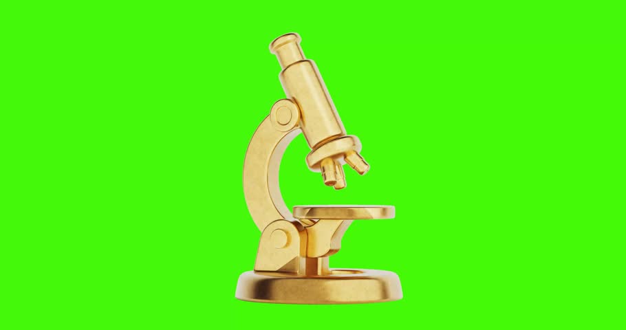 4k Resolution Video: Science And Education Concept With Cartoon Microscope Icon. Golden Stylized Microscope Seamless Looped Rotating On Green Screen Chroma Key Background With Alpha Matte
