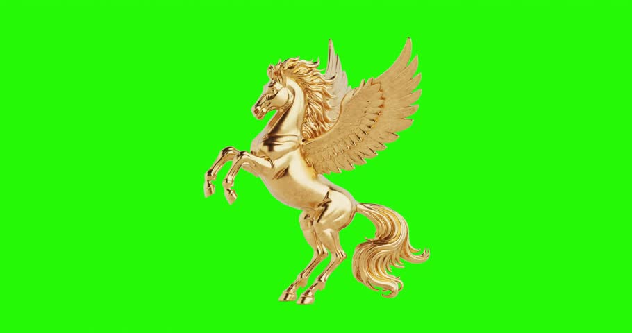 4k Resolution Video: Mythical Freedom And Power Symbol. Golden Winged Pegasus Rearing With Spread Wings Seamless Looped Rotating On Green Screen Chroma Key Background With Alpha Matte
