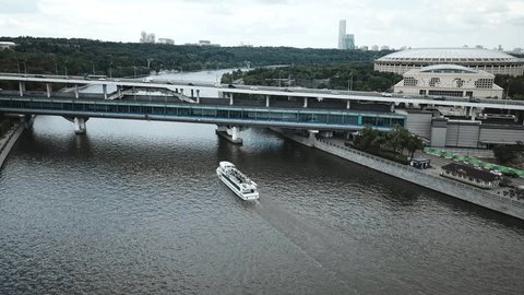 Drone Flying Forward Turning above Moscow River