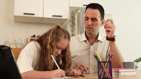 A father helping a daughter with her homework at a table filled with pencils, books, and a tablet in a cozy home setting. - Powered by Shutterstock - Get 15% off with code: PIKWIZARD15