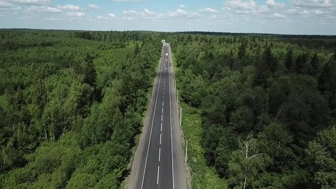Aerial Forward View Highway through Dense Forest