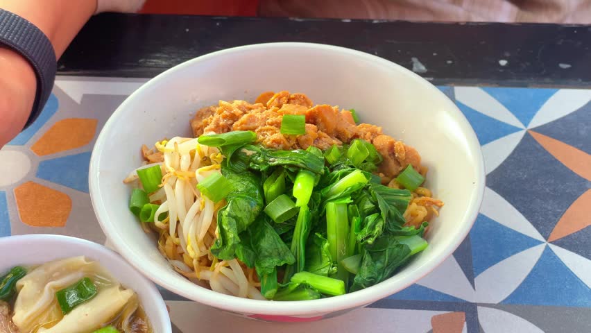 Chicken noodle with meatball and dumpling.