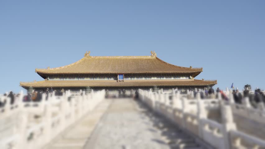 view of Main building Hall square of Forbidden City an ancient Chinese royal palace with grand main dragon stair, world famous historical building with crowded people