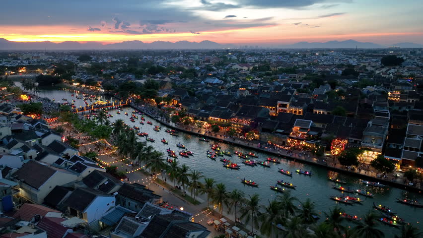 Aerial view of Hoi an ancient town at twilight, Vietnam.