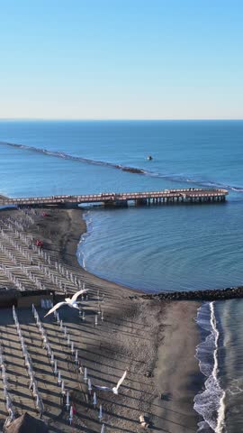 The Lido di Ostia seafront, Rome, Italy.
Aerial panoramic view of the Ostia coast with beach resorts.