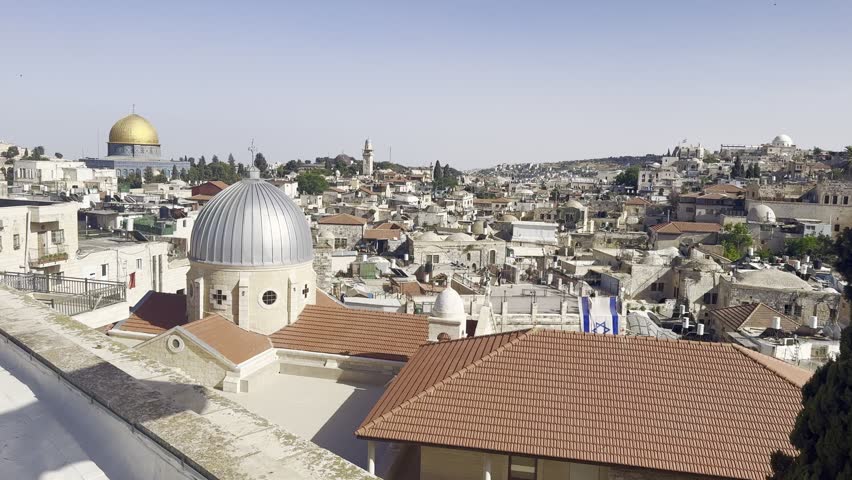 Jerusalem, Israel, 18 May 2026, view from the rooftop of the Austrian Hospice overlooking the city, churches, and mosques on a sunny day.