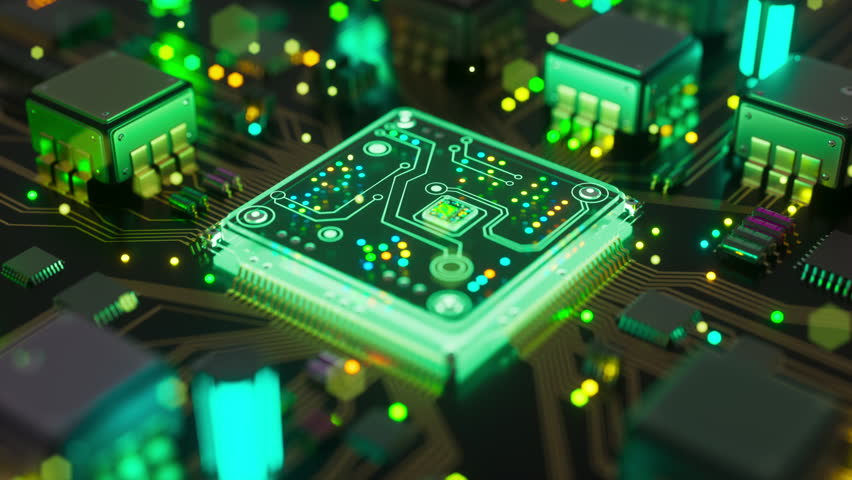 3d animation abstract sci-fi computer processor surrounded by illuminated circuits and electronic components. Seamless looped technology background for AI, servers and computing.