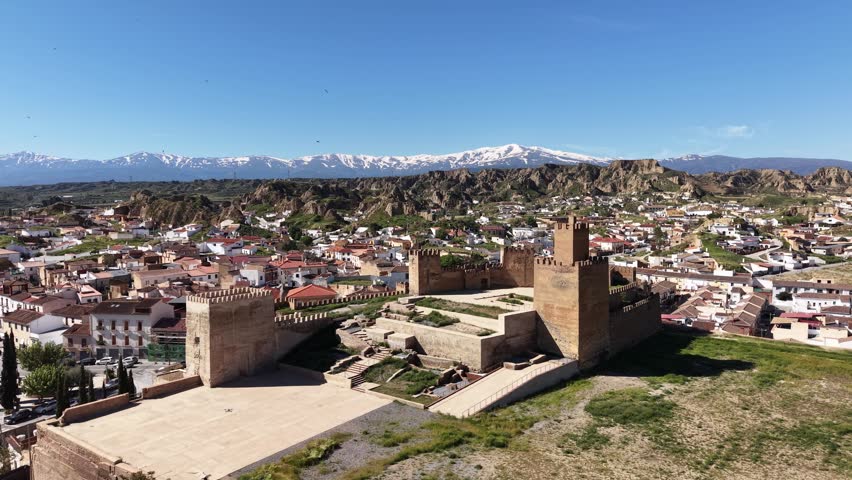 Aerial view of the ancient Arab Alcazaba in the town of Guadix, Spain
