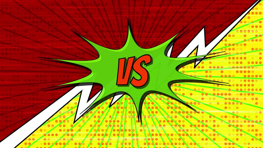 Animated Comic Book Versus Screen With A Green Splash Bubble And Orange Vs Text In The Center. The Background Is Split Diagonally Into Red And Yellow Halves, Featuring Halftone Dots, Radial Speed Line