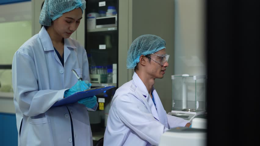 Life scientists researching in laboratory. Focused female life science professional pipetting solution into the glass cuvette. Healthcare and biotechnology concept.