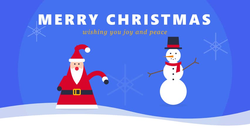 Animated Merry Christmas greeting card with Santa Claus and snowman