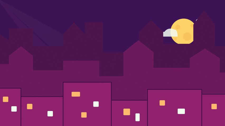 Animated Night Cityscape with Fireworks and Full Moon Vector Illustration