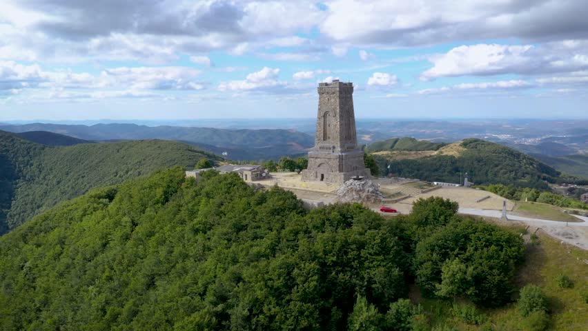 Drone video of Freedom Monument on a Stoletov on Shipka mountain pass in Balkan Mountains range, Bulgaria, 4k