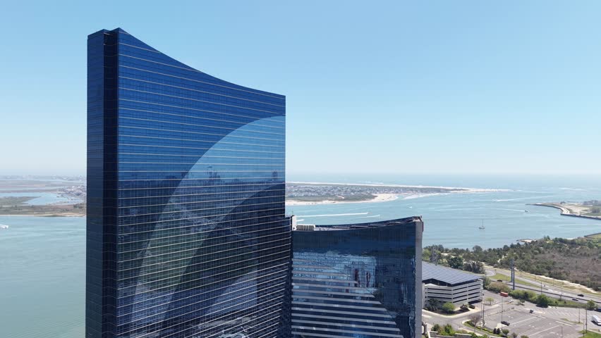 Drone pan right view of Atlantic City skyline starting from the inlet area