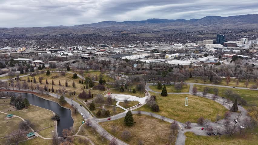 Wide aerial drone shot overlooking Boise, Idaho reveals the city