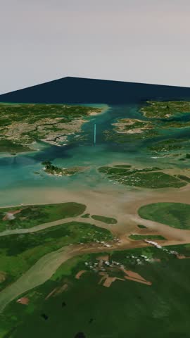 A high-definition vertical 4K 3D visualization featuring the realistic terrain and topography of the Singapore Strait. This animation showcases the intricate geography of one of the world