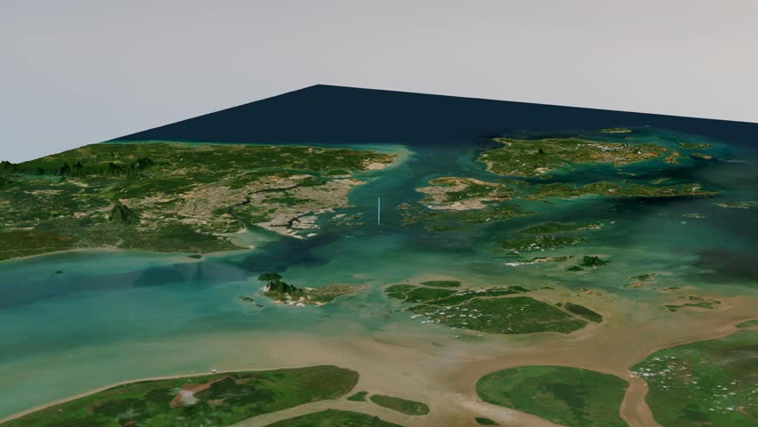 A high-definition 4K 3D visualization featuring the realistic terrain and topography of the Singapore Strait. This animation showcases the intricate geography of one of the world