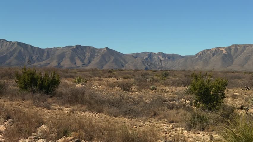 Panoramic view of the Chihuahuan desert and the Guadalupe Mountains in west Texas on a sunny day