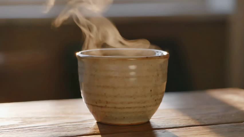 Coffee Cup on Wooden Table with Steam Rising, Cozy Morning Cafe Atmosphere