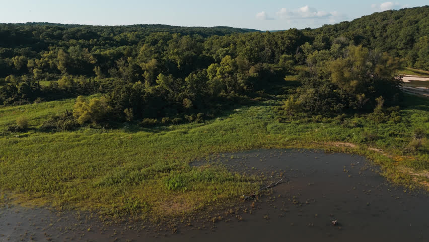 Wetlands and shallow shoreline waters of Bush Creek Bay, aerial pullback ascend
