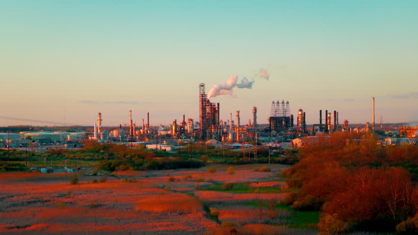 Joliet oil refinery in Channahon, Illinois with backlit distillation towers, active steam plume, and autumn prairie wetland foreground. Golden hour aerial