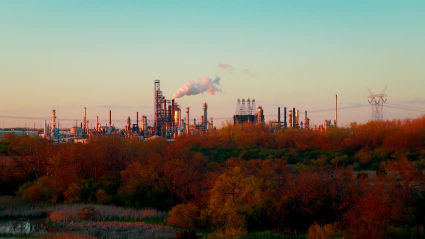Active oil refinery and petrochemical plant emitting steam plumes during a golden hour sunset, illustrating heavy industry energy production and fossil fuel infrastructure. Joliet, Illinois, USA