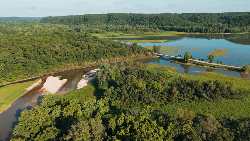 Aerial panoramic overview of Bush Creek Bay Lake Eucha shoreline and wetlands in Oklahoma