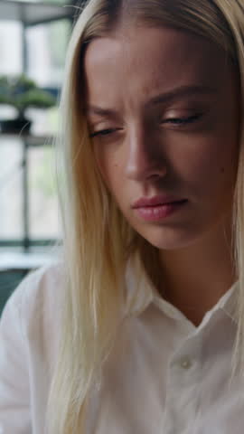 Portrait bad feeling unhealthy Caucasian business woman suffering with blurry vision irritated eyes pain headache in office ill sick businesswoman female girl working in company suffer with migraine