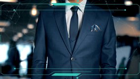 Businessman in suit interacts with futuristic digital interface on smartphone in modern office - Powered by Shutterstock - Get 15% off with code: PIKWIZARD15