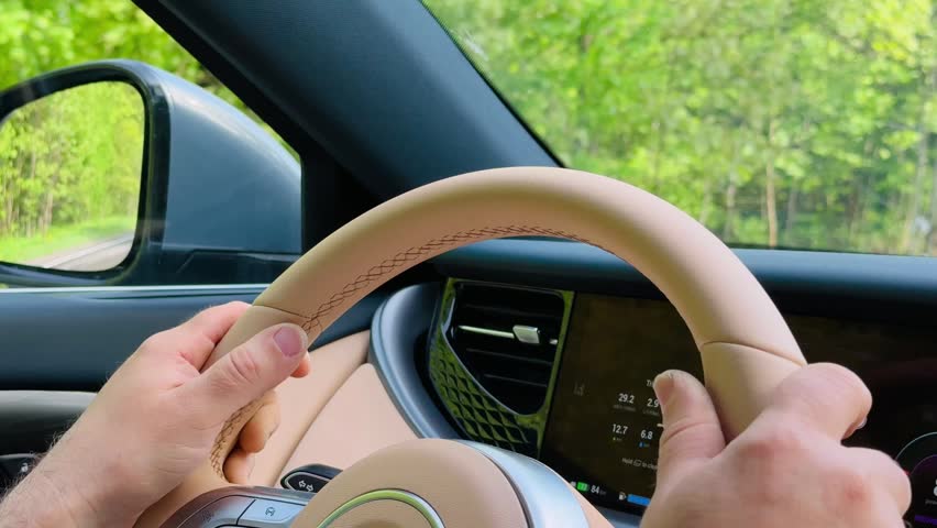 Hands grip the steering wheel of a luxury electric hybrid car driving through a scenic green landscape
