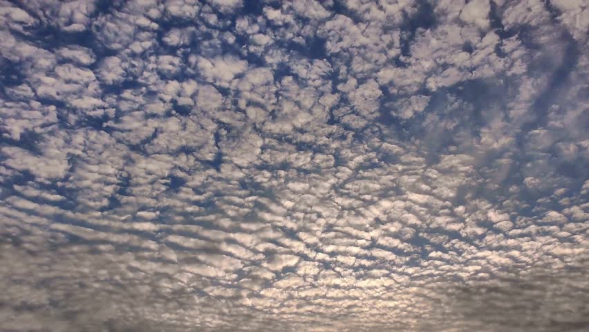 Small, fluffy white altocumulus clouds blanket the blue sky, creating a beautiful patterned mackerel sky texture