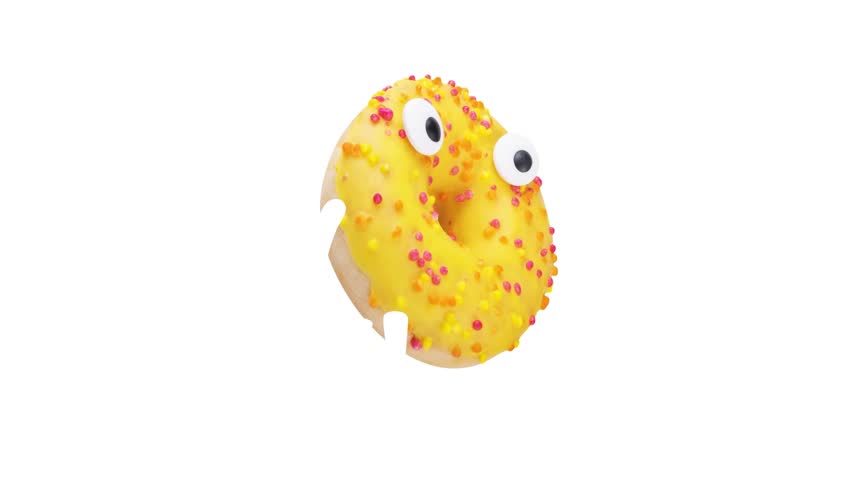 Orange chocolate glaze donut topping with eyes walks on a transparent background animation