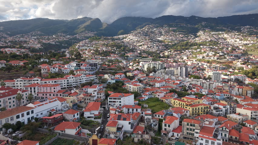 Aerial view of Funchal cityscape with the historic Fort of Sao Tiago in Madeira, Portugal.