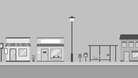 A 2D vector animation depicts a stylized, monochrome city street featuring retail storefronts, boutique windows, and street lamps. The minimalist grayscale style makes it ideal for urban planning explainers, corporate backdrops, or business animations. - Powered by Shutterstock - Get 15% off with code: PIKWIZARD15