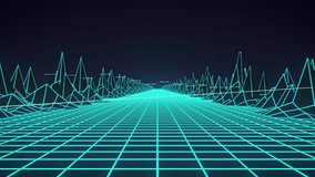 Faint horizon frame appearing neon tube bars forming left-to-right camera panning showing data drop. Wireframe, grid, columns, futuristic, cyberpunk, abstract, dataviz - Powered by Shutterstock - Get 15% off with code: PIKWIZARD15