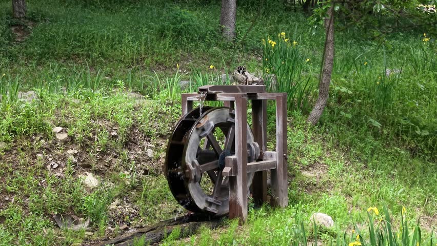 An old wooden waterwheel spinning slowly in a peaceful forest environment surrounded by green grass and nature. Calm countryside atmosphere with traditional rustic charm.