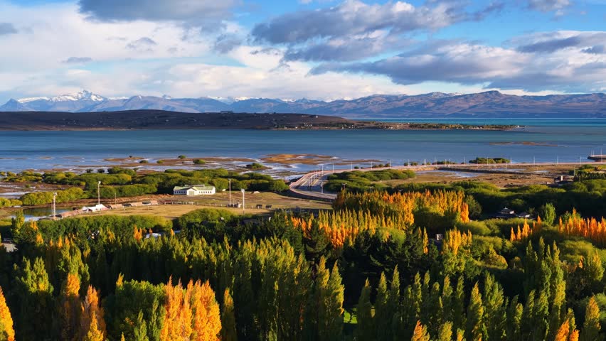 drone shot of Lago Argentino near El Calafate in Patagonia, hiking in Argentinian Patagonia in autumn, fall colours in Patagonia