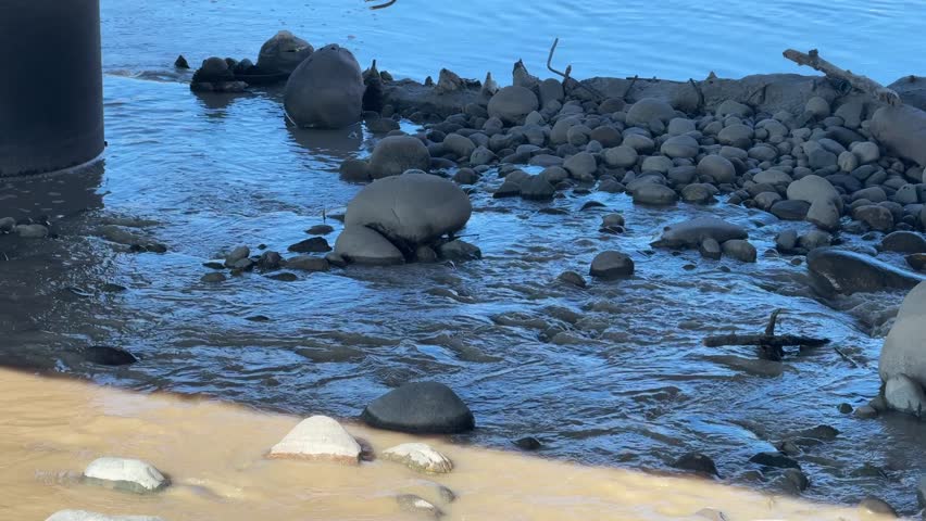River water flowing around stones under bridge structure.