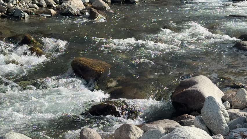 Fast flowing mountain river with rocks outdoors, natural stream current in wilderness landscape.