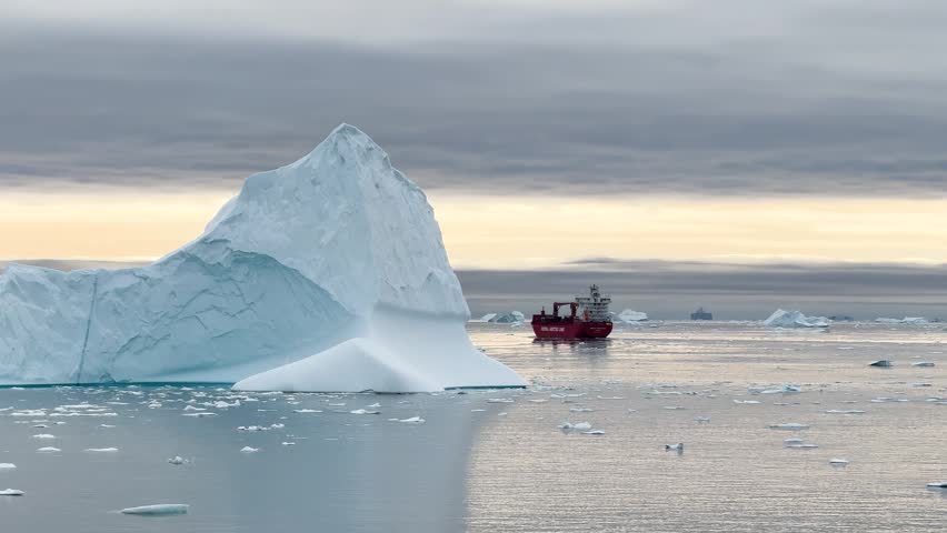 A boat moves through water close to a large glacier. Icy mountains rise in the background. The sun shines. The view shows a winter landscape with clear skies.