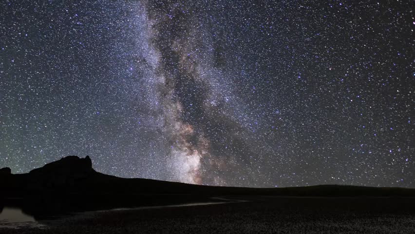 Beautiful night landscape , small lake and mountains under milky way galaxy