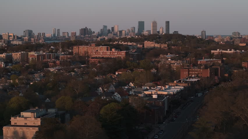 Aerial view of the sunset over Brighton, Boston. Shot on a spring day.