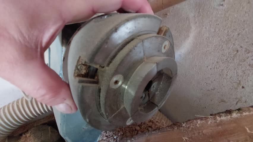 Woodturner checking a metal scroll chuck on a wood lathe next to a raw log