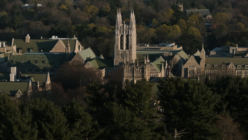 Aerial view of Boston College at dusk. Shot on a spring day.