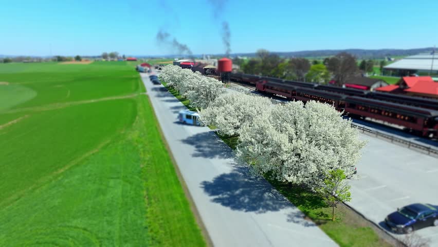 White flowers bloom on trees along a parking lot, near a railroad station. This happens during the warm midday in spring.