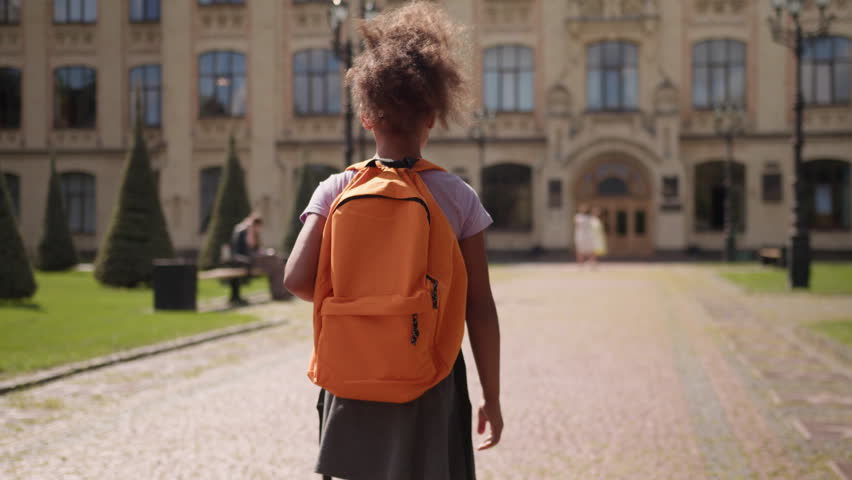 Back view African American little girl child with backpack walking go to school daughter kid primary education study learn female schoolgirl student pupil class first lesson academy walk outdoor city