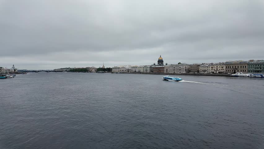 St. Petersburg, Neva River view of English Embankment, the ship is sailing along the Neva